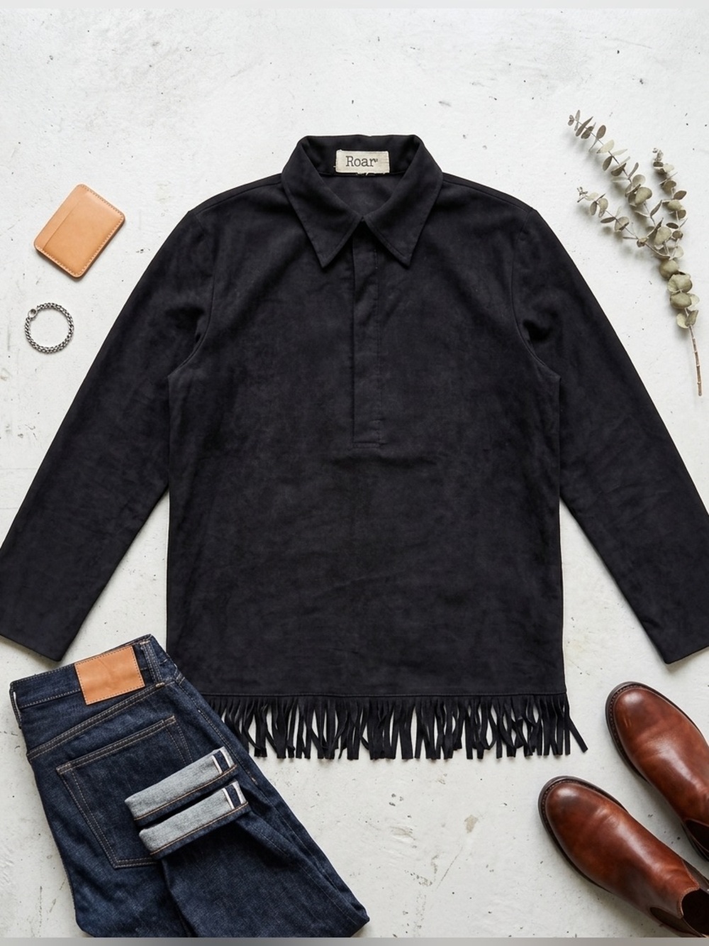 Roar Black Faux Suede Fringe Western Pullover Shirt Boho Cowgirl Tassel Top